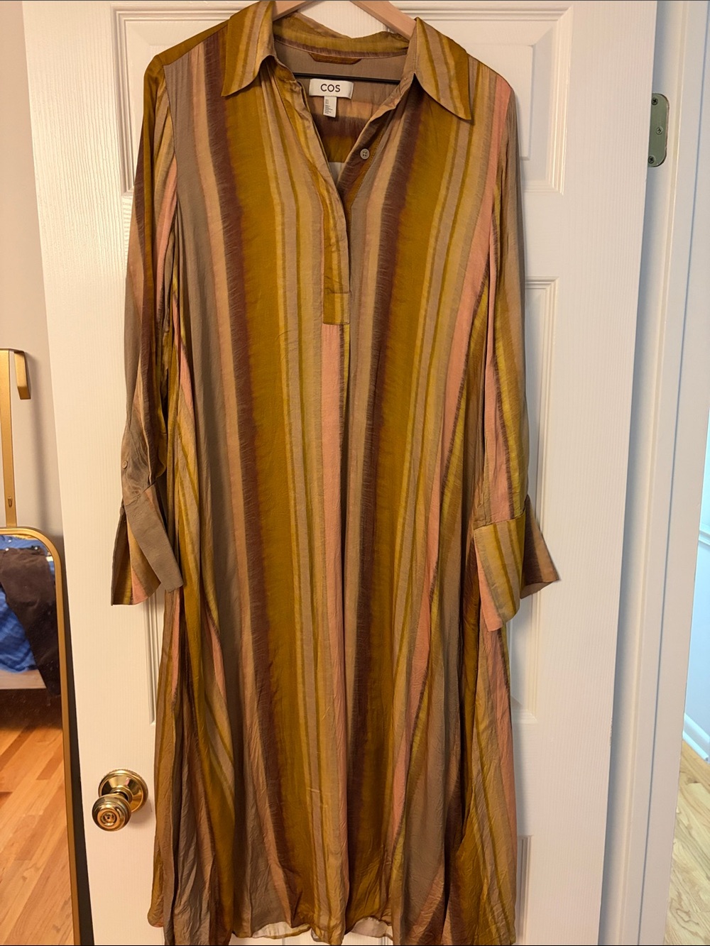 COS Striped Collared Midi Dress in Mustard, Pink and Brown
